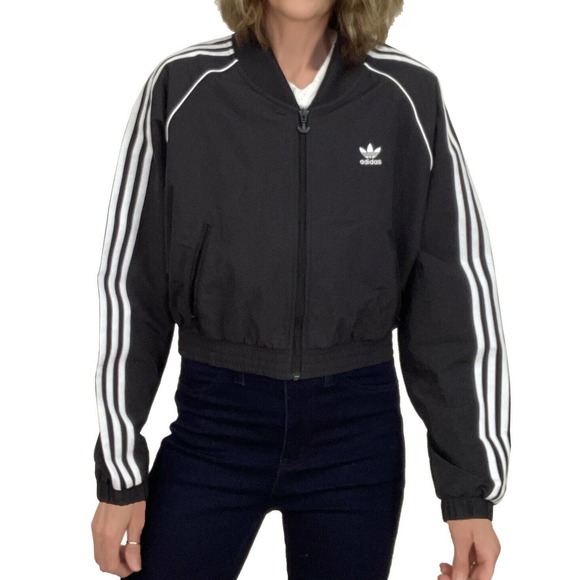 Adidas Short 3 Stripe Track Jacket Sz S New $80 Cropped Black Recycled Nylon